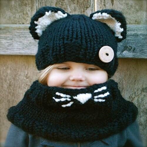 Childrens Hat Cat Neck Scarf Baby Hood Autumn Winter Hand Hook Keep Warm 4-8 Years Old Wool Knit Hat