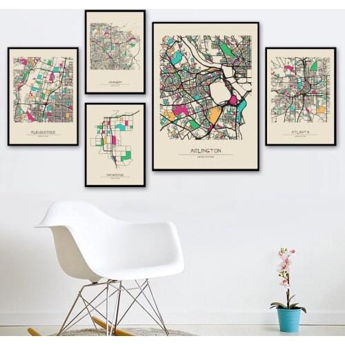 USA Atlanta Austin Arlington City Map America Abstract Colorful Line Atr Canvas Poster Wall Painting Living Room Home Wall Decor