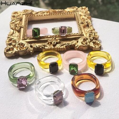 HUANZHI 2020 New Korean Trendy Transparent Acrylic Colorful Rectangle Rhinestone Simple Rings for Women Girls Jewelry
