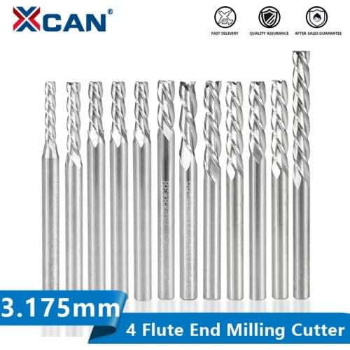 XCAN End Mill 4 Flute Carbide Milling Cutter 3.175mm Shank Spiral Flat Milling Bit Aluminum Cutting CNC Router Bit