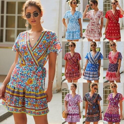 Summer V-neck Sexy Bohemian Print Dress Short Skirt Womens Wear