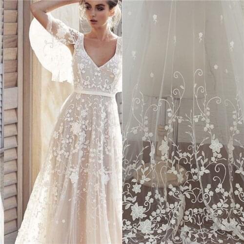 LFY New Style Floral Off White soft Tulle Embroidery Bridal Gown Lace Fabric French Lace DIY sewing cloth fabric