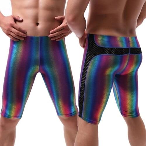 Men Pants Rainbow Lingerie Latex Homme Shorts Pants Leg Shorts Mesh Patchwork Fitness Slim Clubwear Breathable Pajama Nightwear