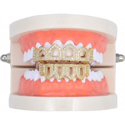 Pure GOLD Color Plated Hip Hop Micro Pave CZ Fang Hollow Top & Bottom GRILLZ Vampire Teeth Grills Set