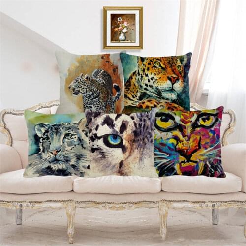 XUNYU Watercolor Animals Cushion Cover Watercolor Leopard Linen Pillowcase Home Sofa Decoration Throw Pillowcase 45x45cm D0072