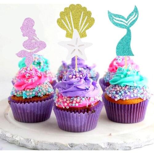 Creative New 24Pcs Mermaid Ocean Cupcake Toppers Wedding Kid Birthday Party Cake Decorations New Year Party Supplies