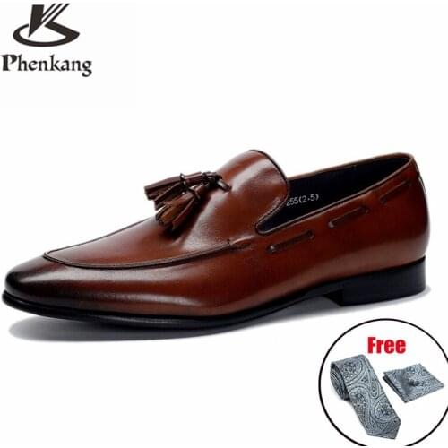 Phenkang mens leather shoes genuine leather oxford shoes for men luxury dress shoes slipon wedding shoes leather brogues