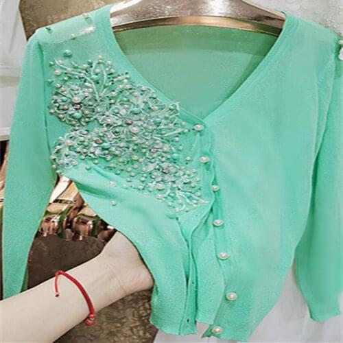 Heavy industry summer wom en shiny rhinestone sunscreen cardigan three-dimensional v-neck green outwear