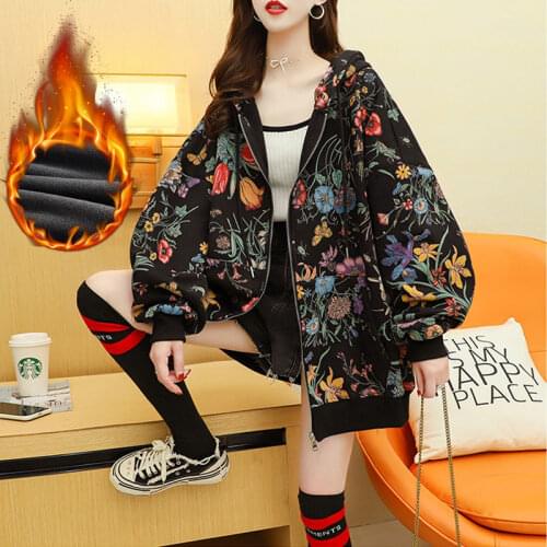 Women Plus Velvet Thick Hooded Hoodies Casual Loose Floral Print Sweatshirt 2021 New Autumn Winter Female Zipper Hoodie Outwear