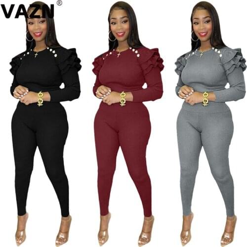 VAZN 2021 Special Sexy O-neck Two Piece Set Elegant Solid Button Bodycon 2 Piece Set Women Long Sleeve Top And Pant Autumn