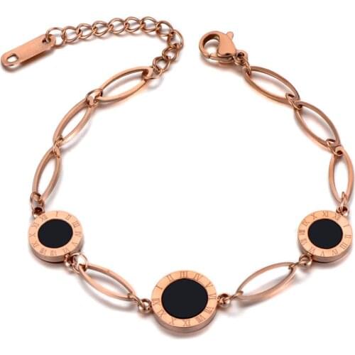 Vintage Black Acrylic Roman Numerals Charm Bracelet Bangle For Women Stainless Steel Link Chain Bohemia Jewelry B19124