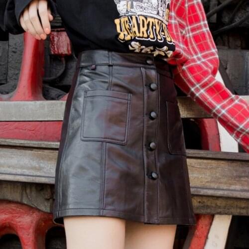 2020 Casual Office Lady Single Breasted Real Leather Black Sexy Mini A-Line Skirts Harajuku Two Pockets Work Skirt Female