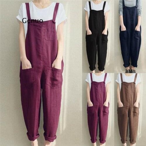 Womens Sleeveless Dungarees Rompers Cotton Linen Jumpsuit Loose Preppy Style Pants Casual Pocket Overalls Playsuits