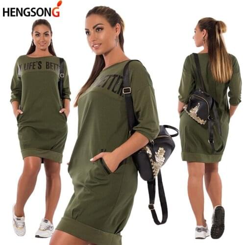 Plus Size 6XL Womens Dresses Letter Print Casual Autumn Dress Three-Quarter Sleeve O Neck Straight Women Clothing Vestidos