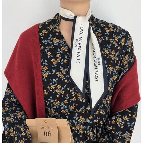 Luna&Dolphin Women Long Scarf 100x6cm Silk Feeling Black Letter Blind For Love White Beige Chiffon Tie Bag Ribbon Neckercheif