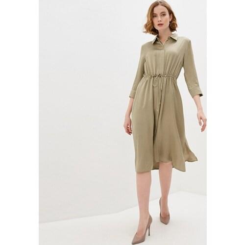 Shyloli Women Casual Solid Turn-down Collar Three Quarter Sashes Mid Dress Khaki 2021 New Fashion Autumn Dress