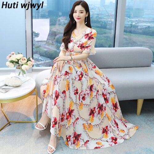 2021 Women Oversize Boho Beach Dress Party Casual Bodycon Sexy Maxi Vestidos Summer Vintage Floral Chiffon Boho Beach Sundress