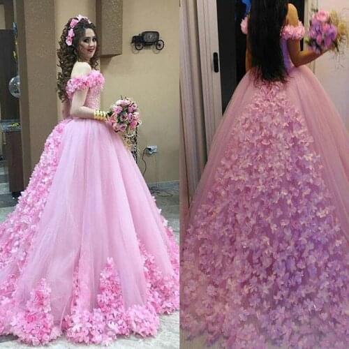 Beautiful Pink Hand Made Flower Wedding Dresses Ball Gowns Off Shoulder Bling Bling Crystals Bodice Bridal Dress vestidos noiva
