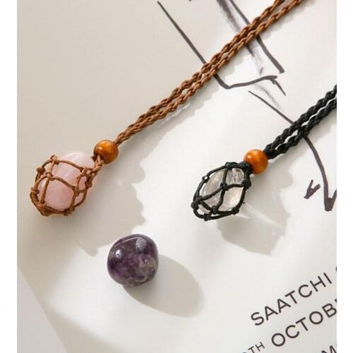 1pc Necklace Cord Empty Stone Holder Natural Quartz Crystal Raw Stone Chakra Point Healing Fish Netted Indians Amulets Pendant