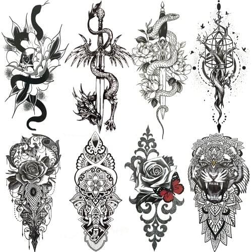 Black Snake Flower Temporary Tattoo For Women Men Henna India Lace Waterproof Tattoos Sticker Chest Tiger Dragon King Fake Tatoo