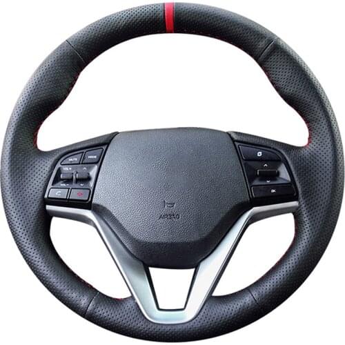 Black Artificial Leather Red Marker Hand-stitched No-slip Car Steering Wheel Cover For Hyundai Tucson 3 2015 2016 2017 2018 2019