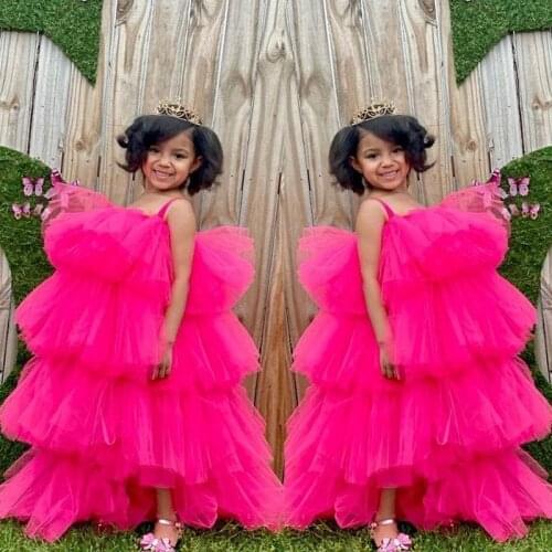 Fuchsia Tiered Spaghetti Straps Flower Girl Dress Kids TUTU Kids Birthday Party Ball Gowns Cute First Communion Baby Dresses