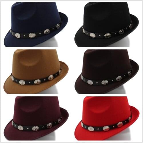Mens Wool Feminino Fedora Hat Dad Gangster Trilby Wool Church Fascinator Hats Homburg Jazz Hat Size 57cm Punk Belt