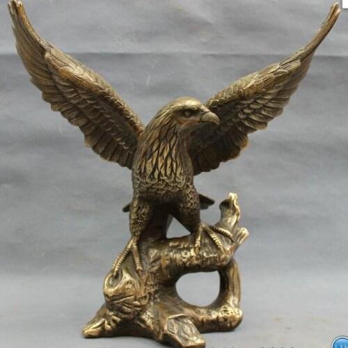 12" Folk Home FengShui Chinese Copper Bronze Bird Fly Eagle Hawk On Tree Statue
