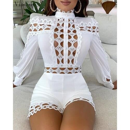 Lace Patchwork Long Sleeve Hollow Out Playsuits White Black Women Regular Rompers