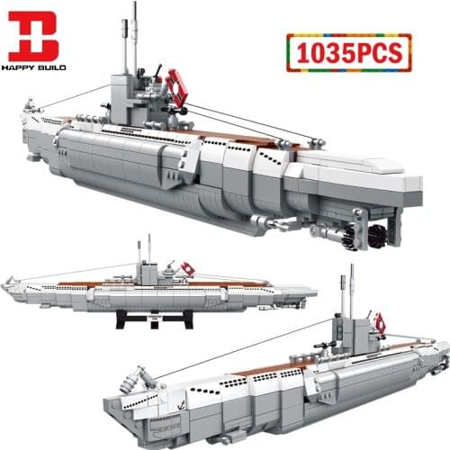 Happy Build WW2 Military Germany Navy Warship Building Blocks City Weapon U48 Submarine Ship Ferry Bricks Toy for Children Gifts