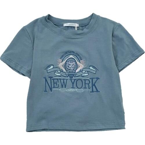 Womens All-match Embroidery Round Neck Crop Tops Fashion Short Sleeve Cartoon Letter Embroidery Slim Fit T-Shirts