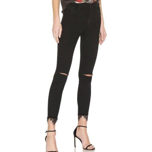 Lace Patchwork Skinny Jeans Woman Ripped Jeans For Women Knee Hole Pencil Denim Pants Black