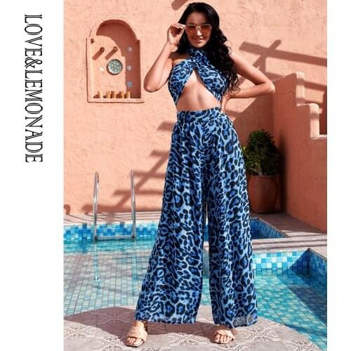 LOVE&LEMONADE Sexy Changeable Straps High Waist Horn Warehouse Blue Chiffon Print Set LM6473-3