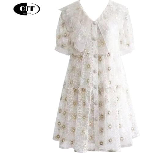 Fashion chic elegant mini party dress summer embroidery floral lace up loose white sweet girls ruffles women dresses vestidos ZA