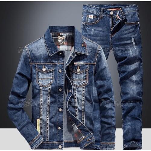 Fashion Slim Mens Sets Spring Autumn Dark Blue Denim Cotton Long Sleeve Jacket + Ripped Hole Jeans Couple Two Piece Set