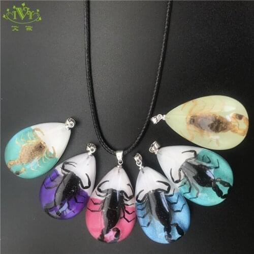 2020 Handmade New Pendant Necklace Resin Real Insect Black Yellow Scorpion Trinket Leather Chains Necklace 12pcs