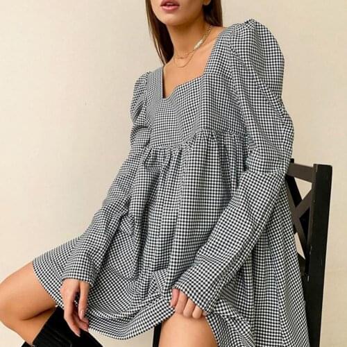 2021 New Female Dress Black and White Plaid Square Neck Long Sleeve Summer Short Dress Women Mini Dresses for Daily Dating Wear
