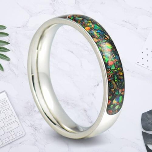 New Stunning High Polished 6mm Width Stainlness Steel Engagement Rings Dome Band Inlay Colorful Opal for Women Men Size 6-12