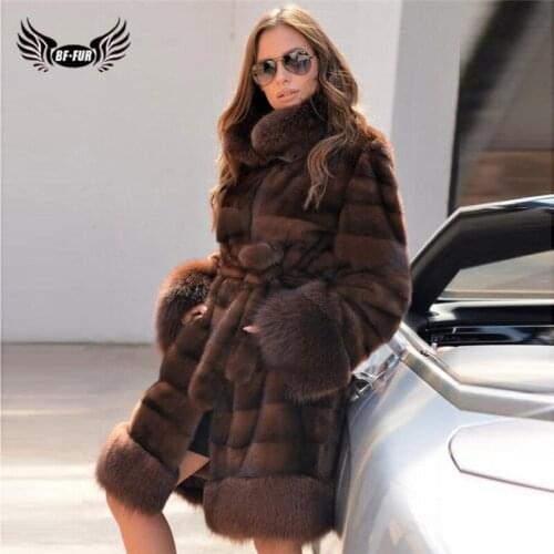 Luxury Genuine Mink Fur Coat With Fox Fur Bottom And Cuff Fashion Winter Women Real Mink Fur Jacket With Fur Belt Plus Size