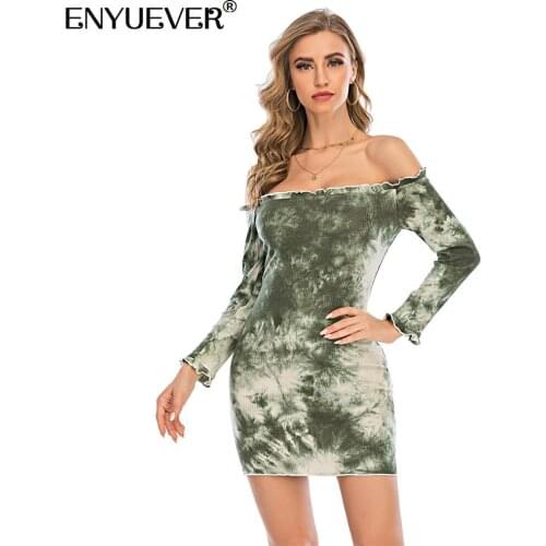 Enyuever Sexy Bodycon Dresses Women Clothes Off Shoulder Tie Dye Print Long Sleeve Club Party Dress Mini Vestidos Night Clubwear