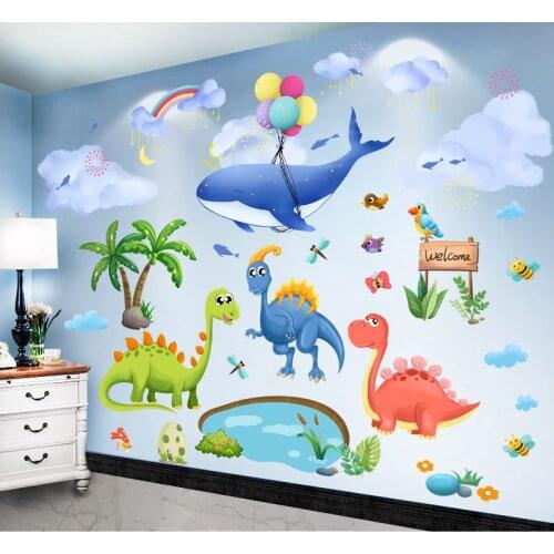 [SHIJUEHEZI] Dinosaurs Animals Wall Sticker DIY Cartoon Whale Clouds Wall Decals for Kids Room Baby Bedroom Home Decoration
