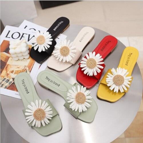 2021 Summer Slippers Women Square Toe Flat Flower Sweet Casual Shoes Women Slides Indoor Flip Flops Dress Beach Sandal Slipper