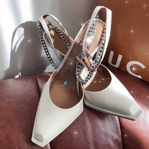 2021 Summer Pumps Square-toe Shallow Mouth Platform Chain Sandals Female Stiletto Sexy Patent Leather Womens Shoes