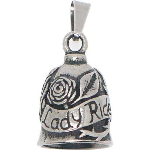 Unisex 316L Stainless Steel Motorcycle Lady Rider Rose Gloss Silver-Color Bell Pendant
