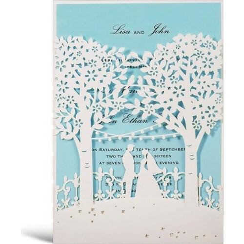 WISHMADE White Invites Cards with Laser Cut Trees Bride and Groom Design Wedding Invitations Blue inner paper,Customizable 50pcs