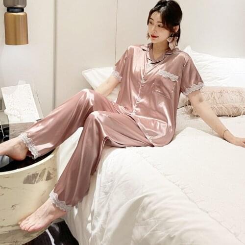 Women Pajamas Short sleeve Ice silk Pajamas Summer silk lace Homewear New Satin Pajamas Sleepwear lapel Solid color Pajamas Sets