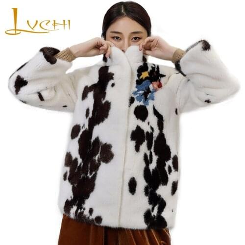LVCHI New style 2019 winter womens fur coat Cows real fur mink fashion Mandarin collar coats Natural Genuine Import velvet