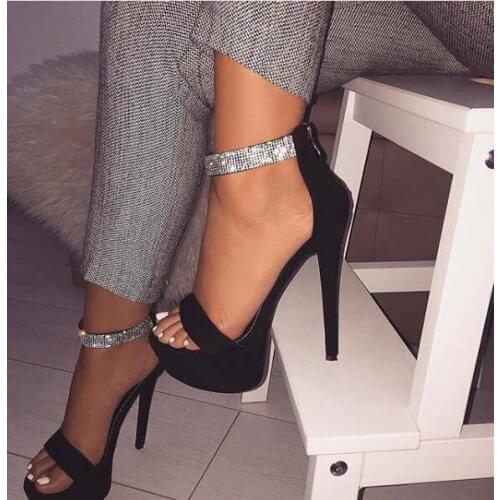 Moraima Snc Bling bling Crystal Embellished High Heel Sandal Sexy Open Toe Platform Wedding Shoes Black Suede Ankle Strap Sandal