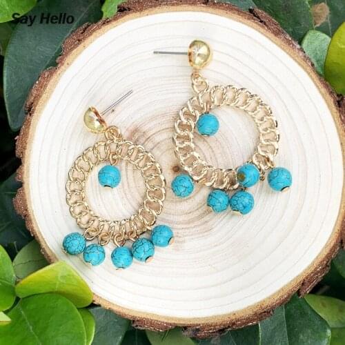 SAY HELLO Boho Fashion Small Stone Round Turquoises Dangle Earrings for Women Metal Circle Drop Earrings Jewelry Brincos B0409