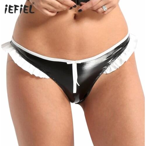 Sex Women Lingerie Sexy Panties Exotic Tangas Wet Look Faux Leather Ruffled Low Rise Bikini Briefs Underwear Sissy Latex Panties